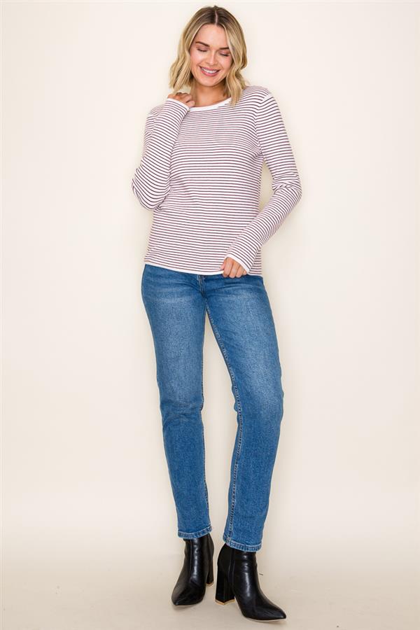 Sale Crew Neck Long Sleeve Pinstriped Sweater