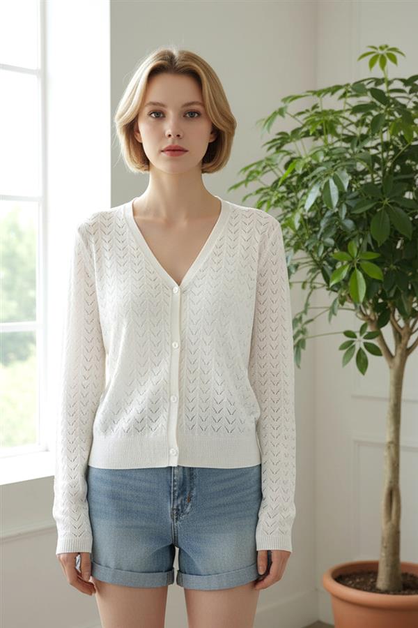 Long Sleeve Pointelle Detailed V-Neck Cardigan