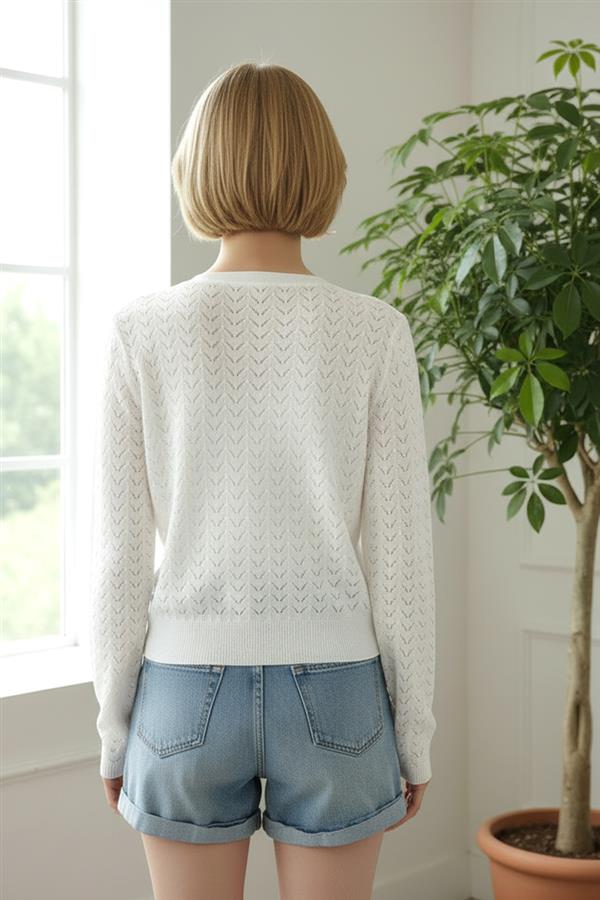 Long Sleeve Pointelle Detailed V-Neck Cardigan