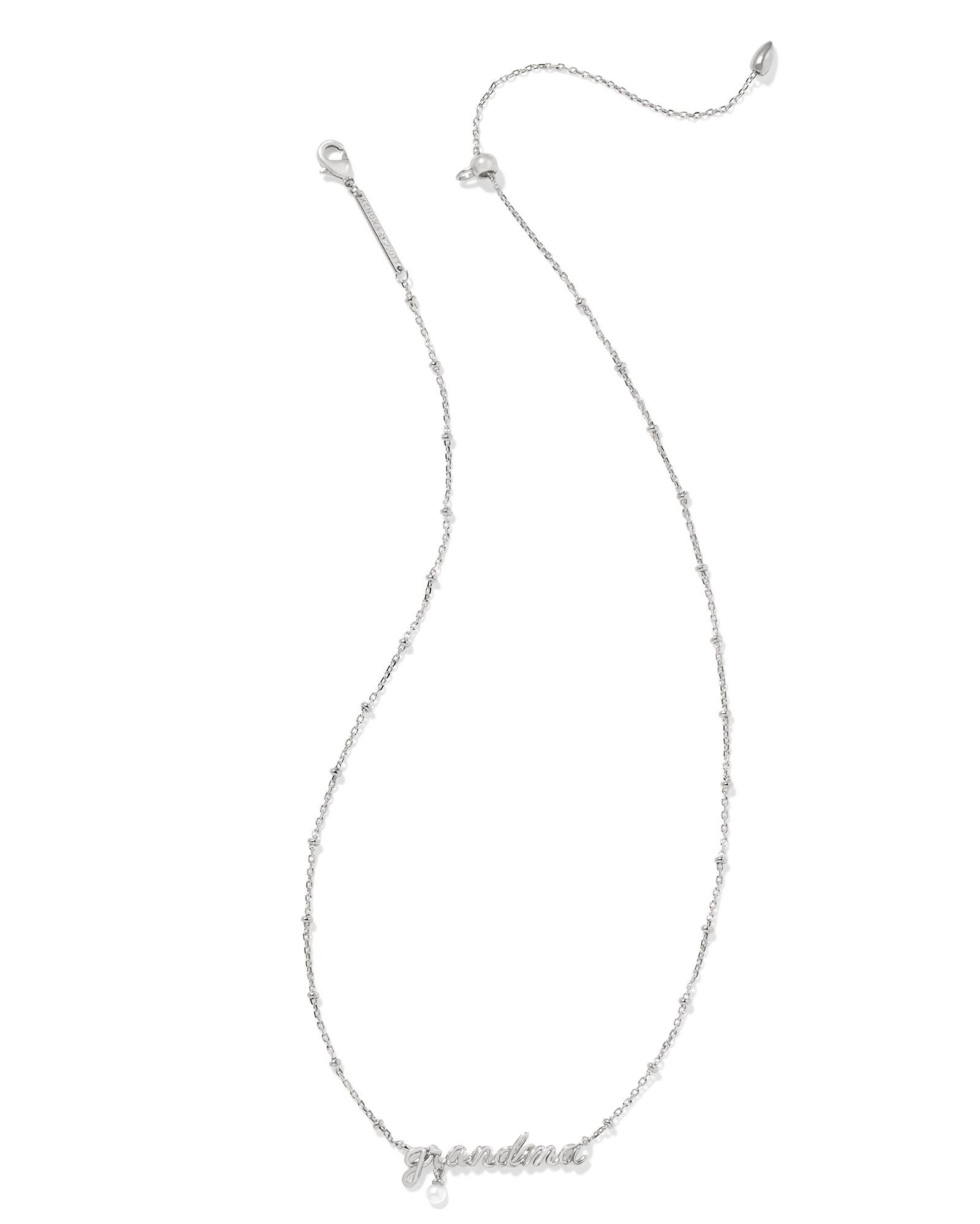 Grandma Script Pendant Necklace Silver w/White Pearl