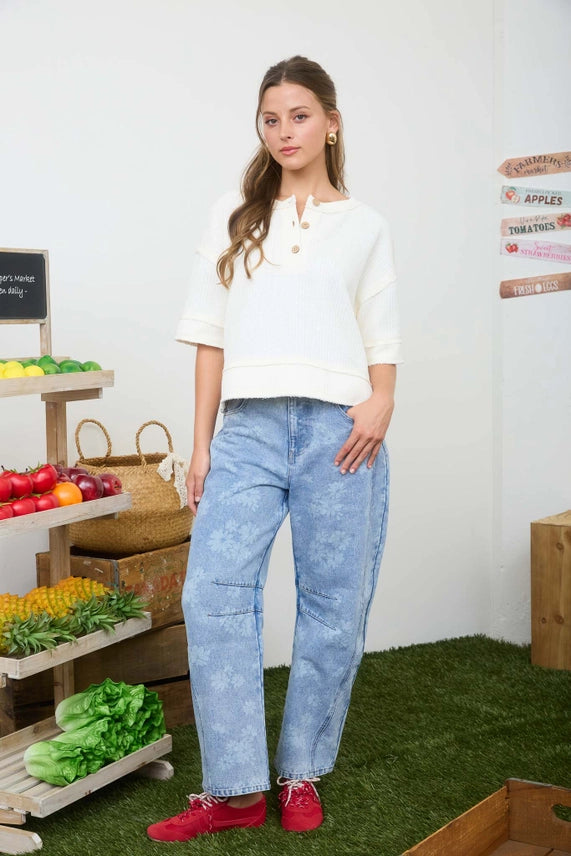 Raw Edge Henley Short Sleeve Waffle Knit Top