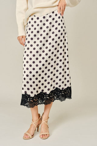 Polka Dot Satin Midi Skirt w/Lace Hem Detail