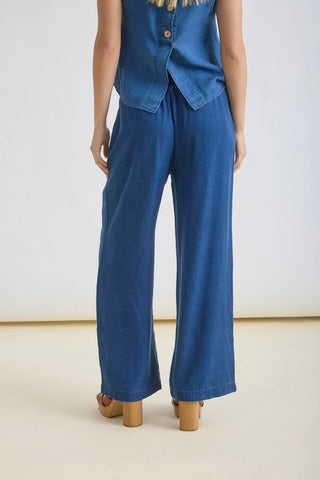Chambray Elastic Waist Wide Leg Pants