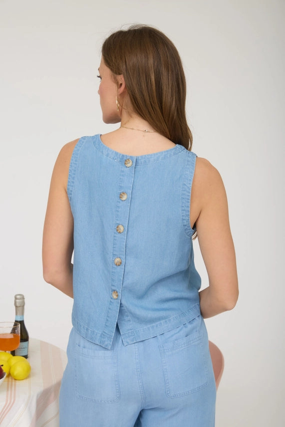 Button Back Sleeveless Chambray Top