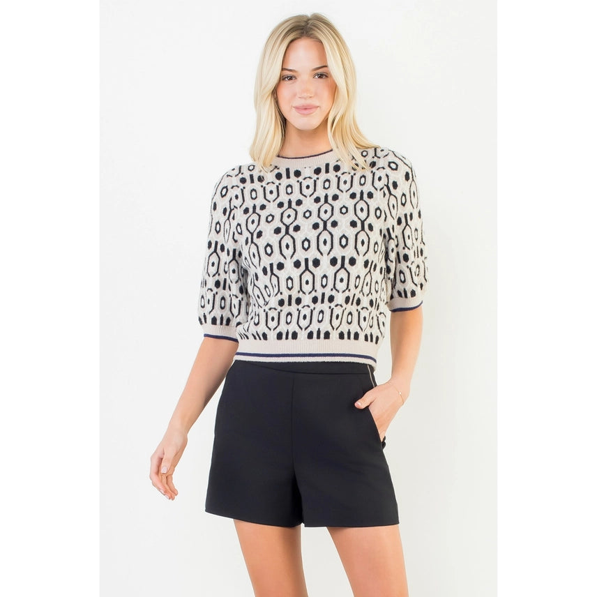 Short Sleeve Abstract Print Sweater