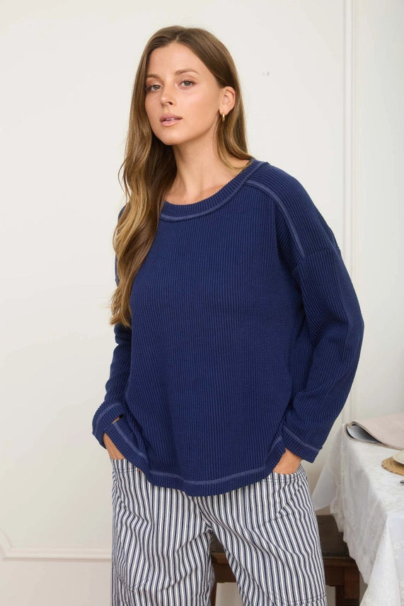 Crew Neck Ribbed Long Sleeve Knit Top