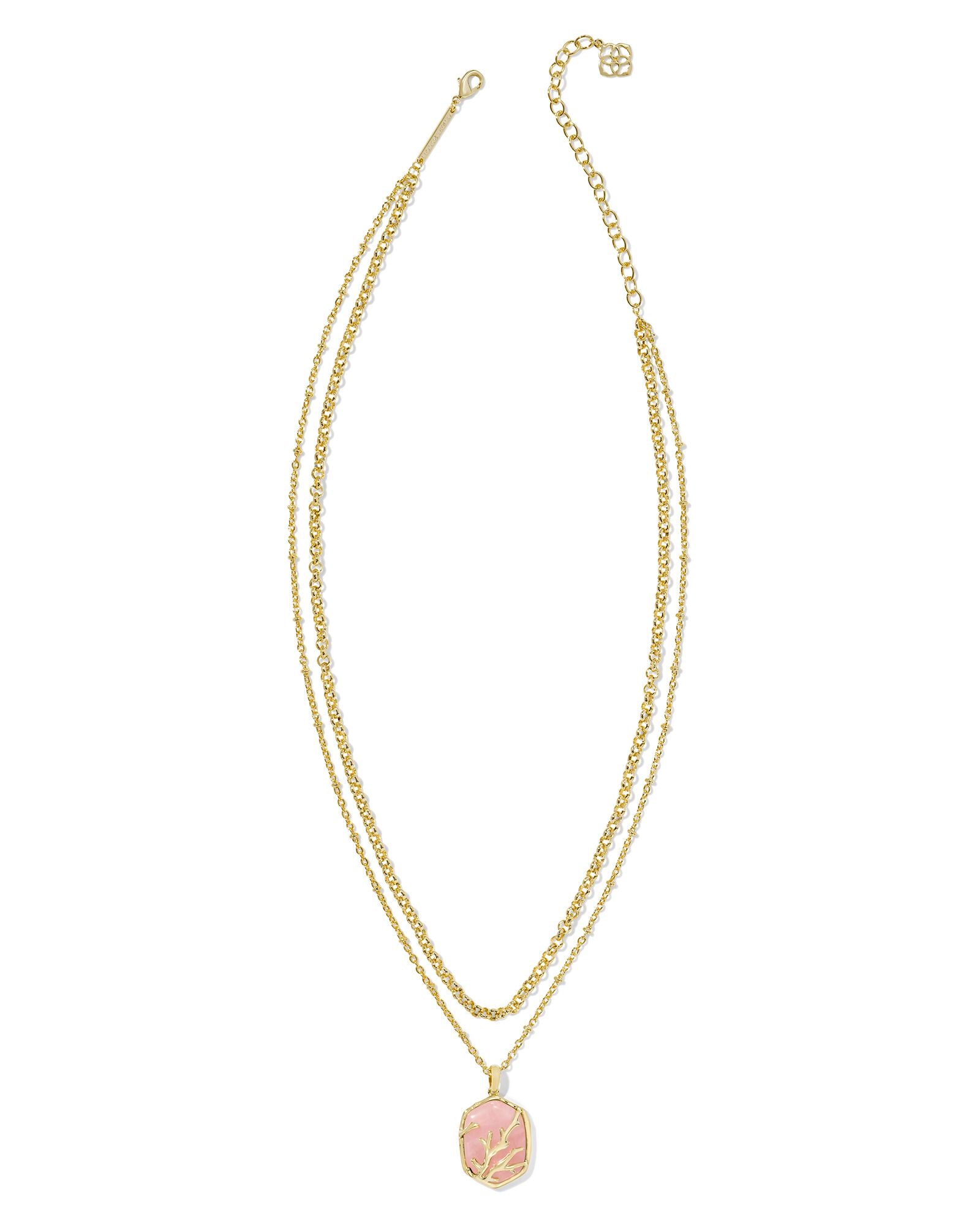 Daphne Coral Framed Multi Strand Necklace Gold Rose Quartz