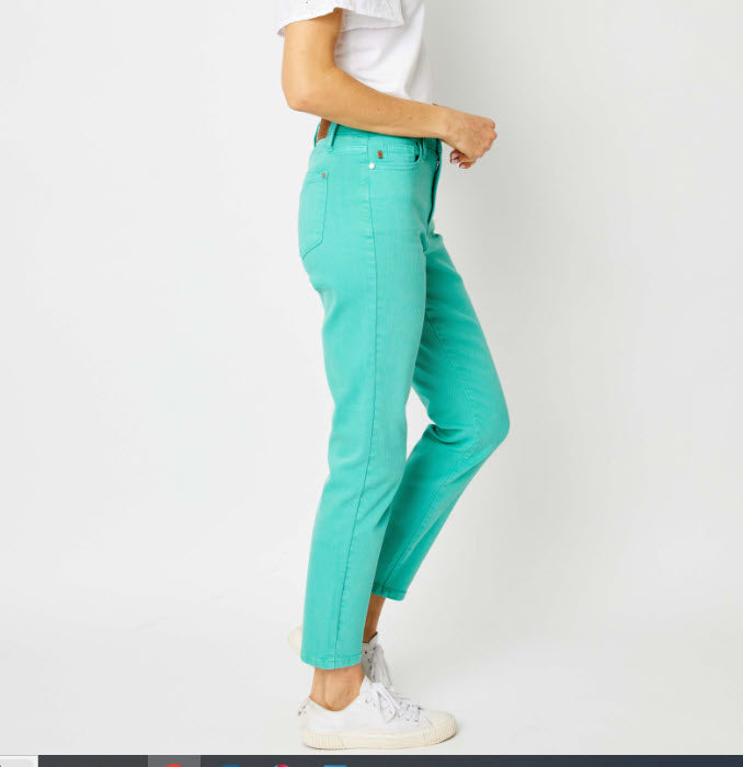 High Waist Garment Dyed Slim Jeans Aquamarine