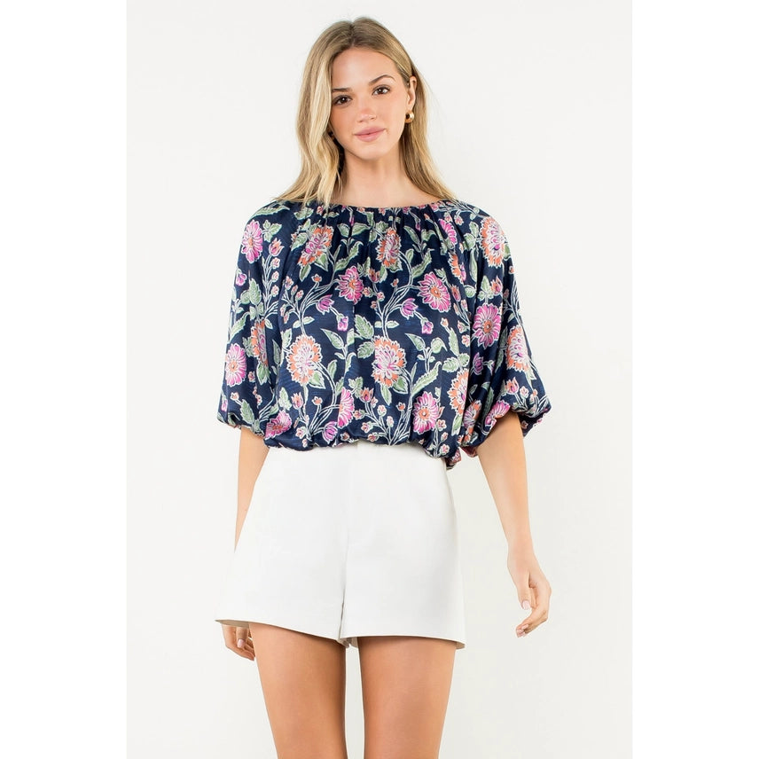 Half Sleeve Floral Print Top w/Elastic Waist Navy