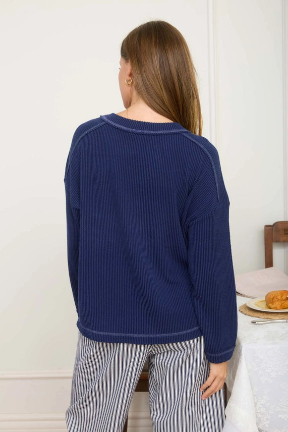 Crew Neck Ribbed Long Sleeve Knit Top
