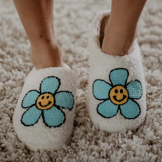 Mint Daisy Happy Face Sherpa Slippers