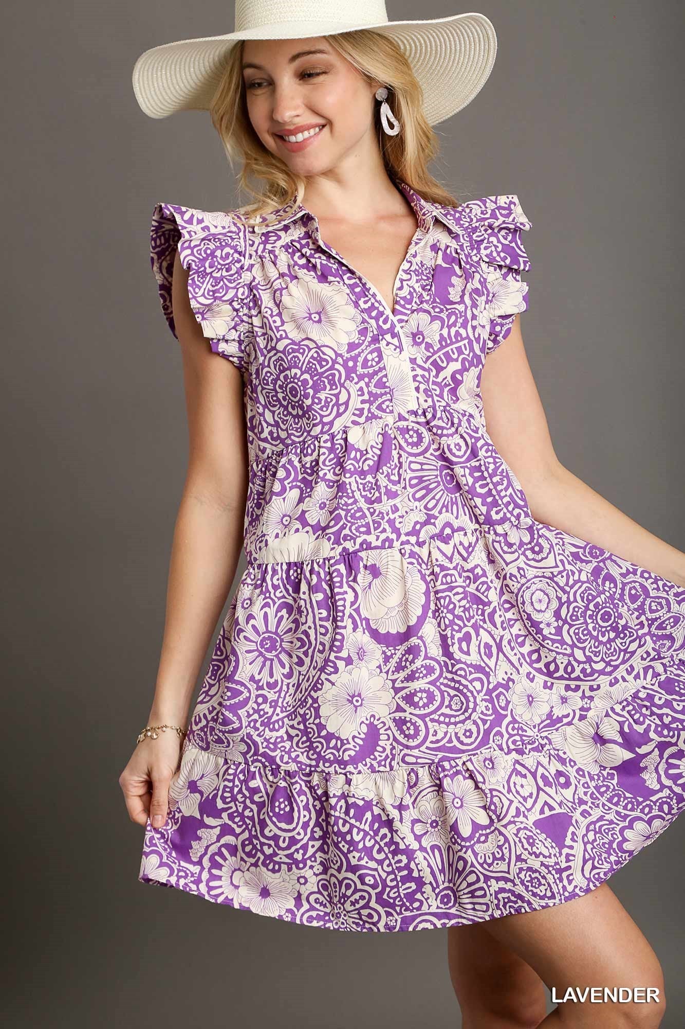 Sale Abstract Print Ruffle Sleeve Dress Lavender