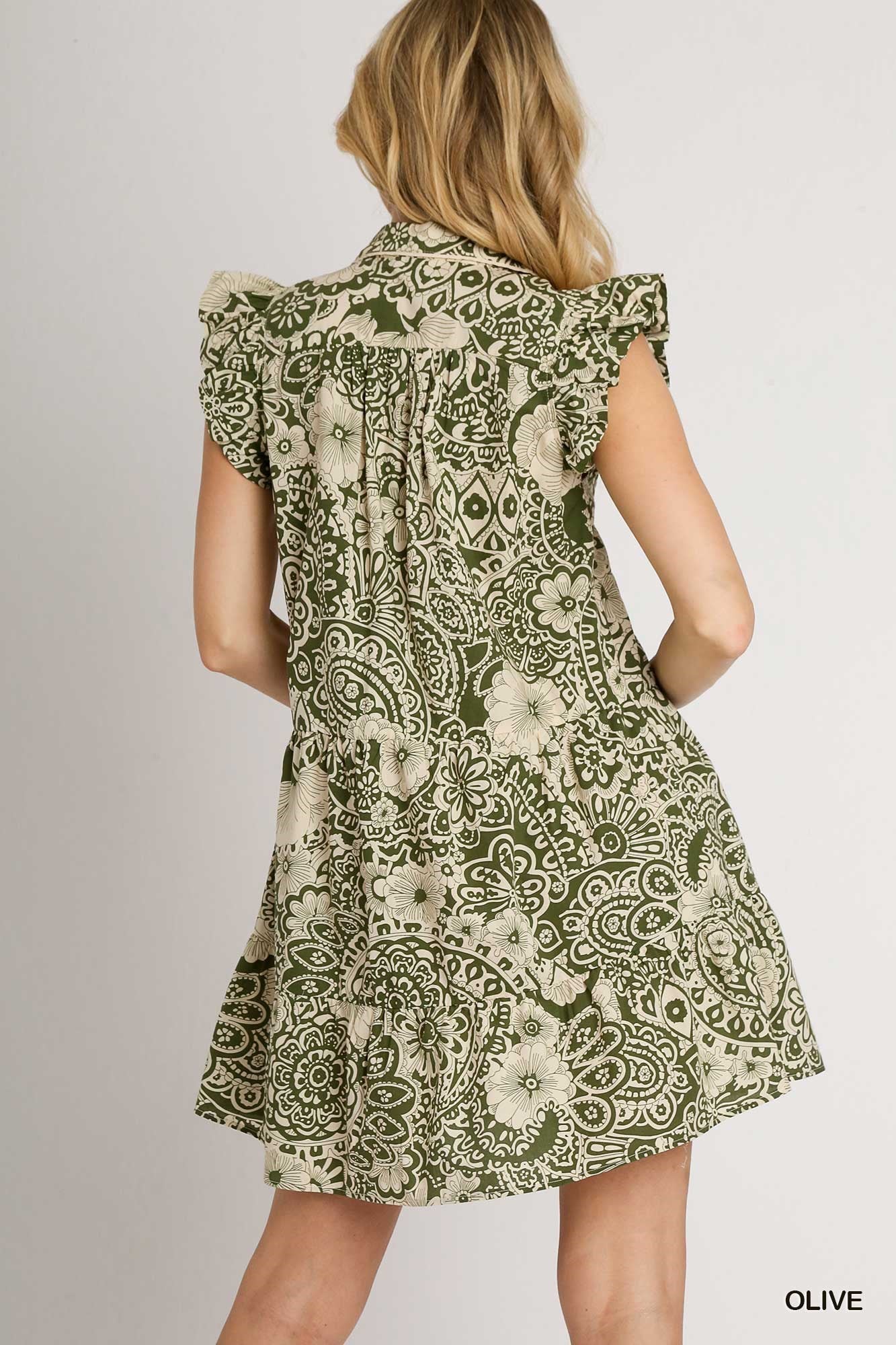 Sale Abstract Print Ruffle Sleeve Dress Lavender