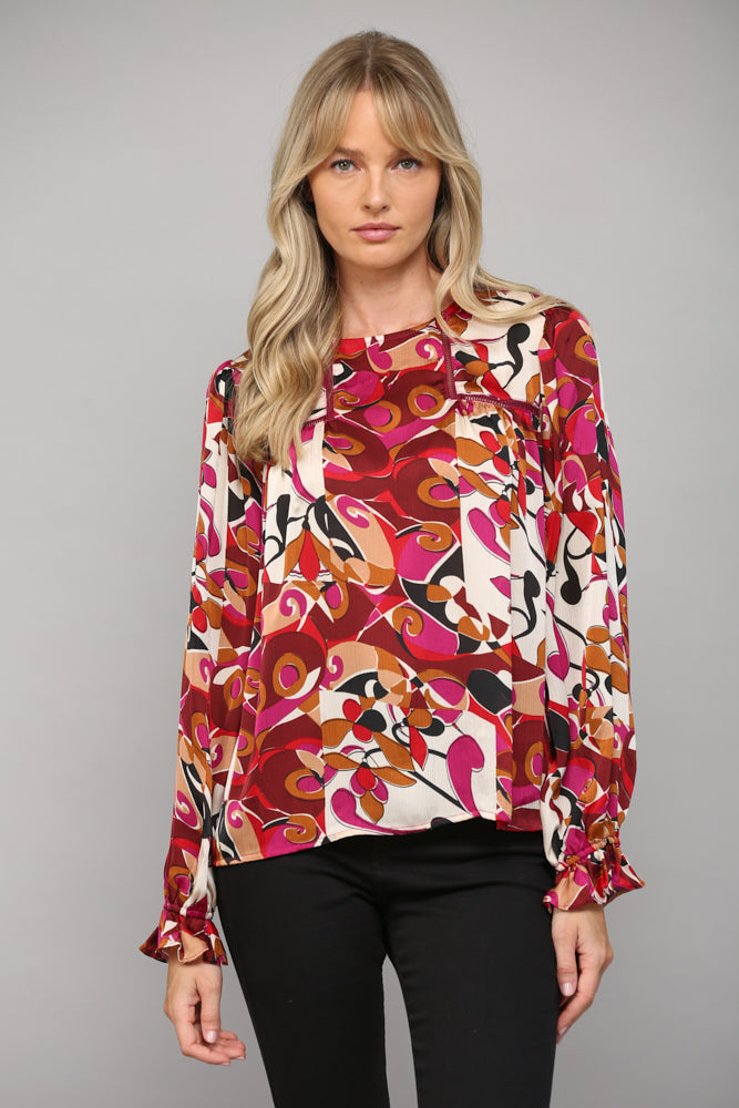 abstract print long sleeve blouse