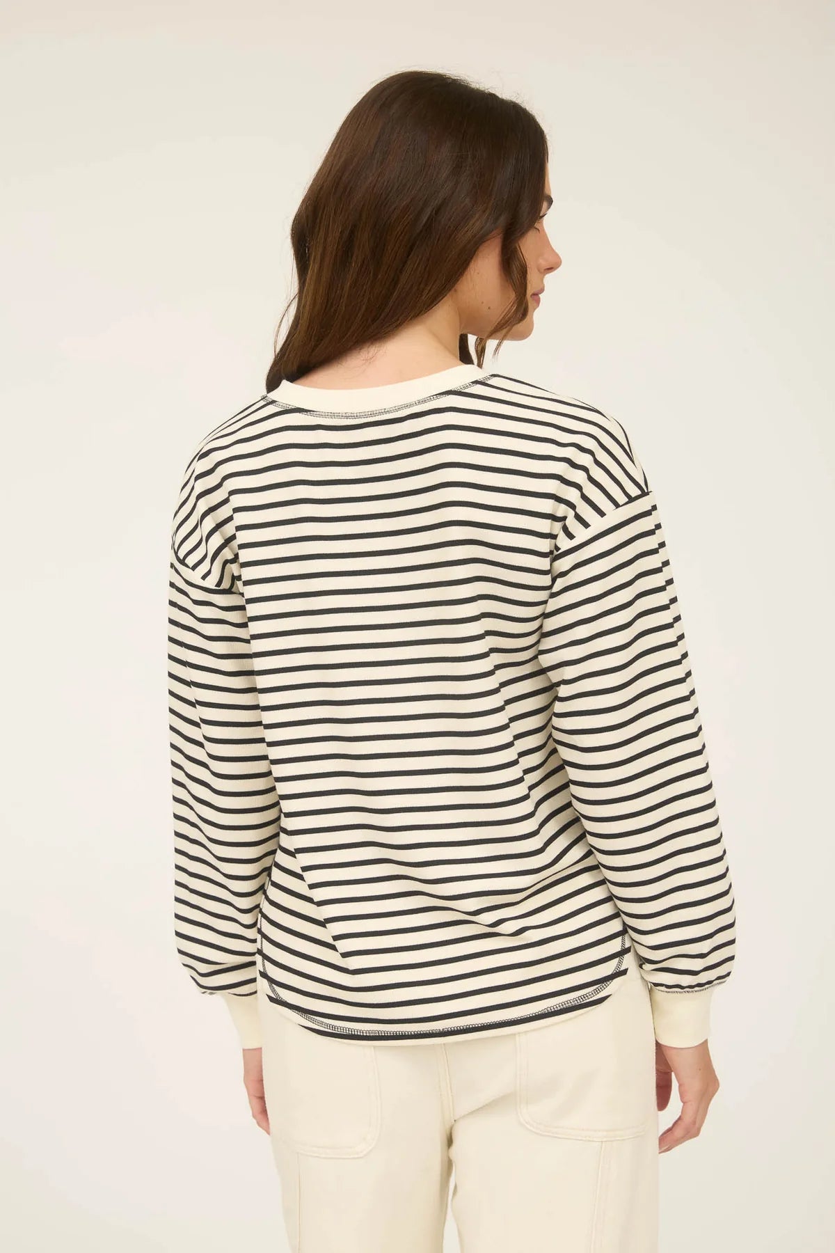 Stripe Henley Snap Button Long Sleeve Top Black