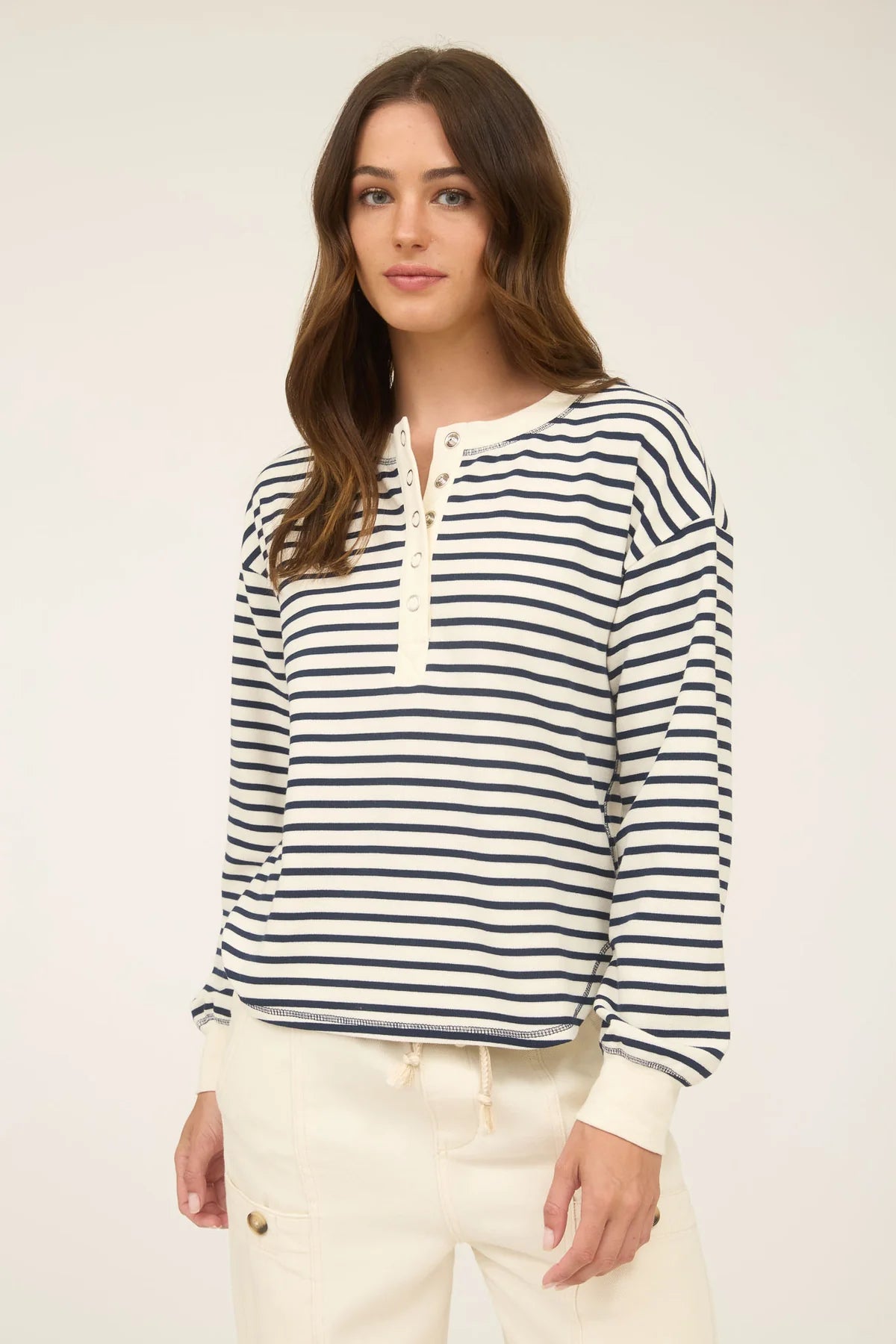 Sale Stripe Henley Snap Button Long Sleeve Top
