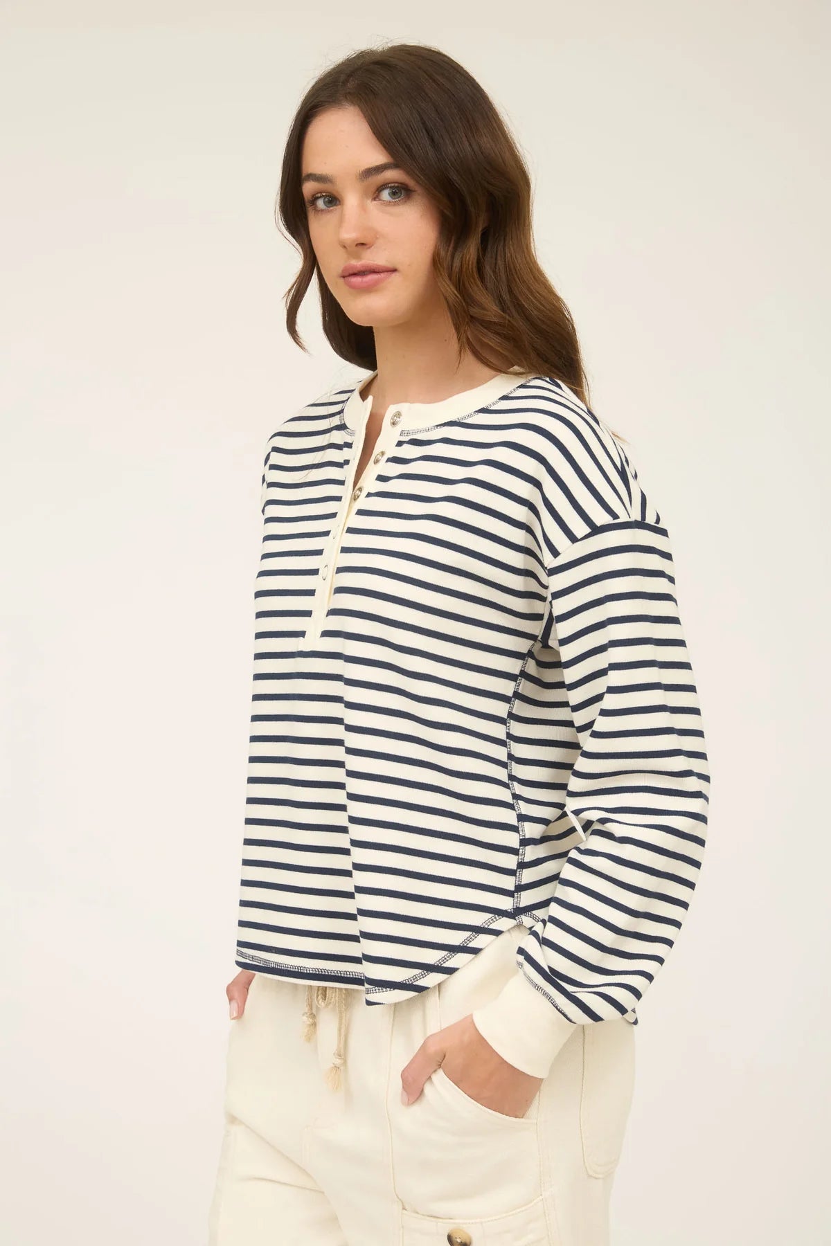 Sale Stripe Henley Snap Button Long Sleeve Top