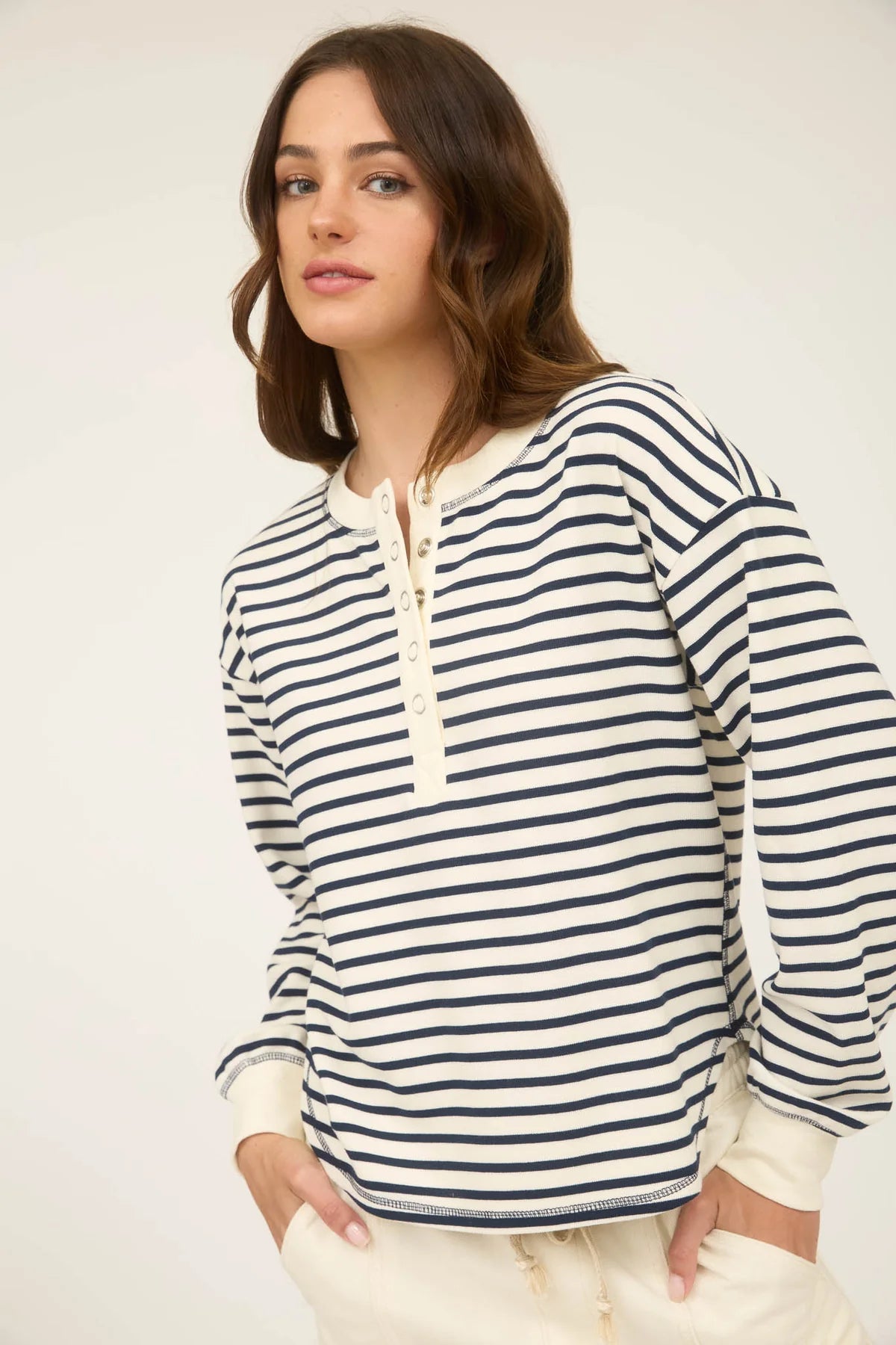 Sale Stripe Henley Snap Button Long Sleeve Top