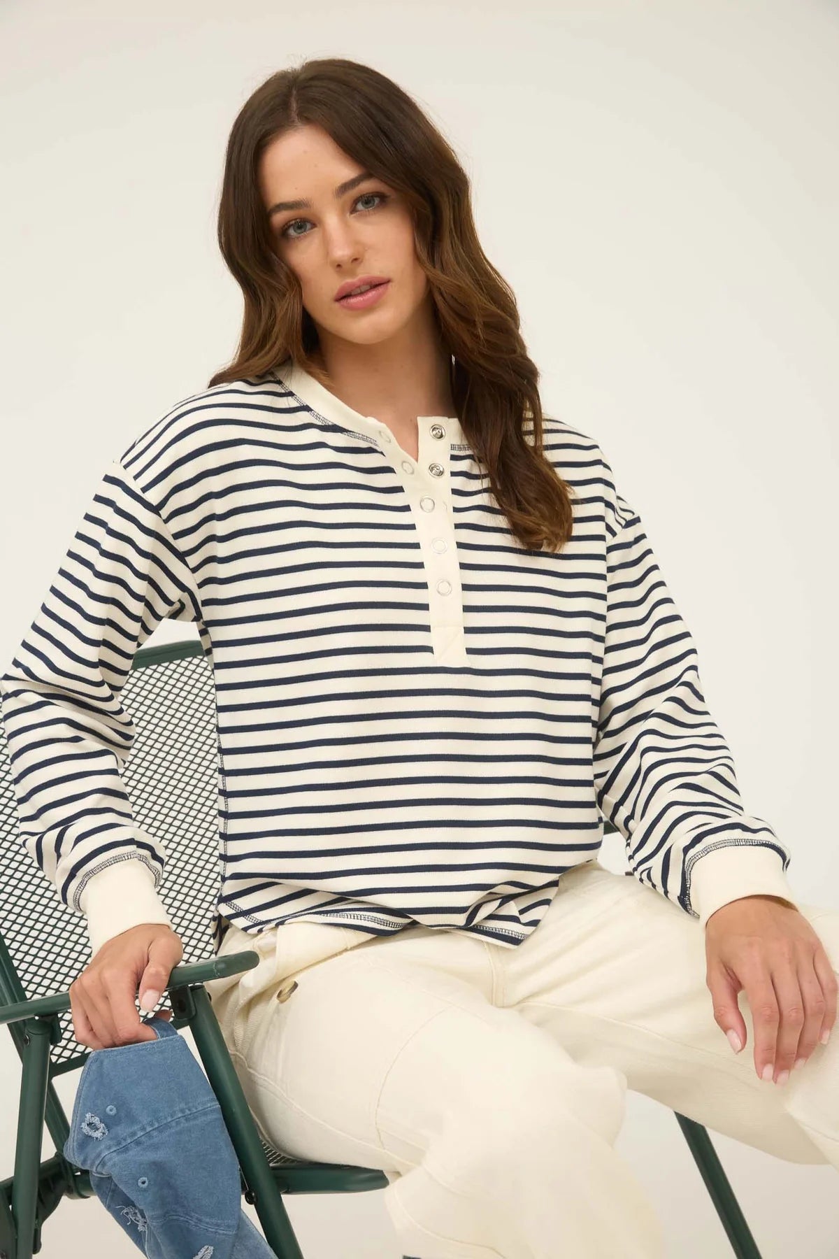 Sale Stripe Henley Snap Button Long Sleeve Top