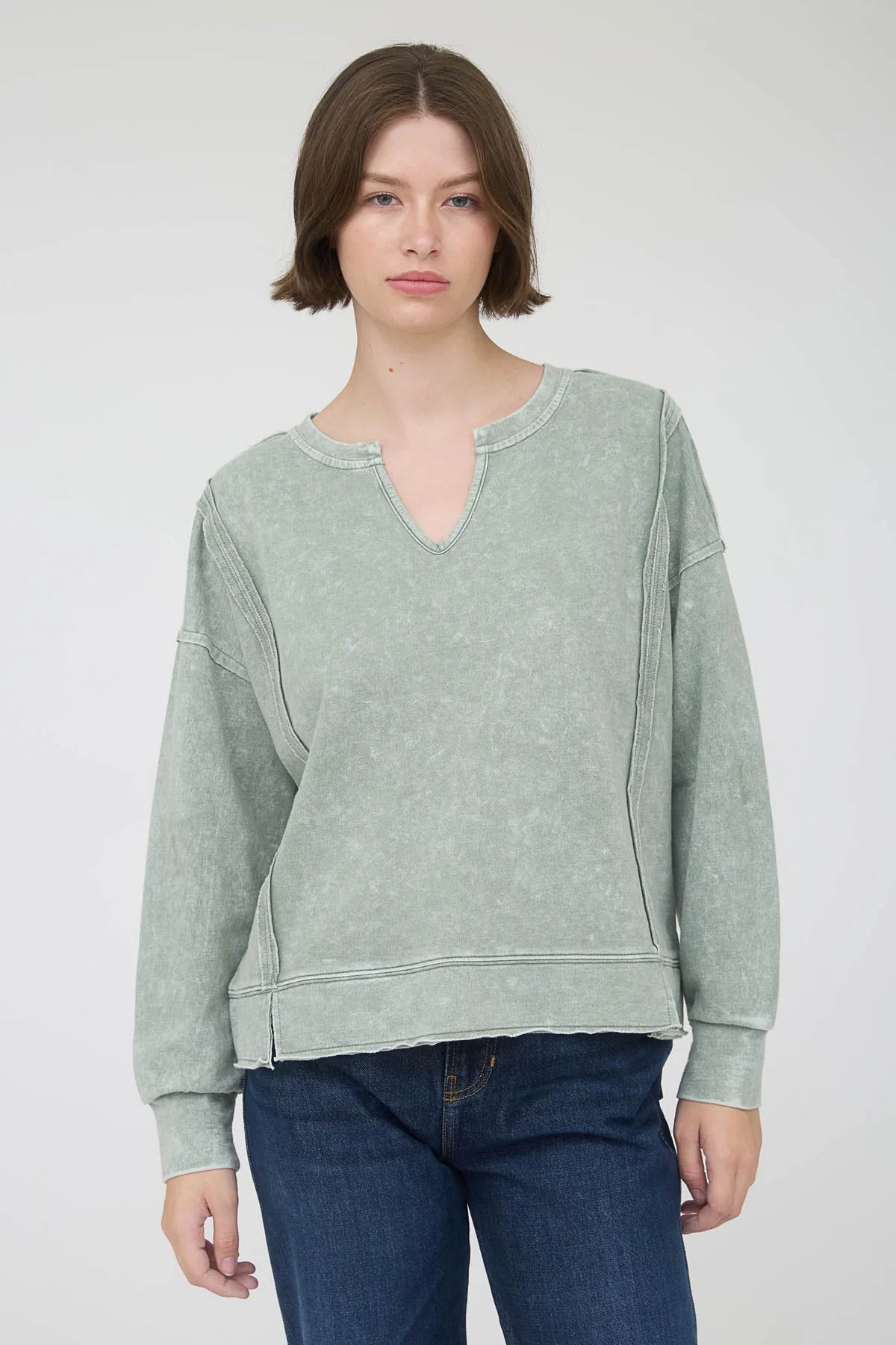 Washed Exposed Seam Long Sleeve Top Moss