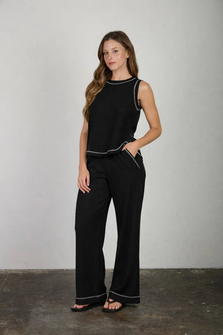 Back Button Detail Sleeveless Ribbed Top & Drawstring Lounge Set Black