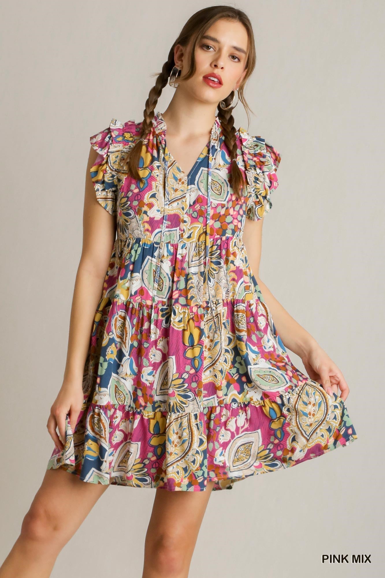 Sale Flutter Sleeve Mixed Print Tiered V-Neck Dress