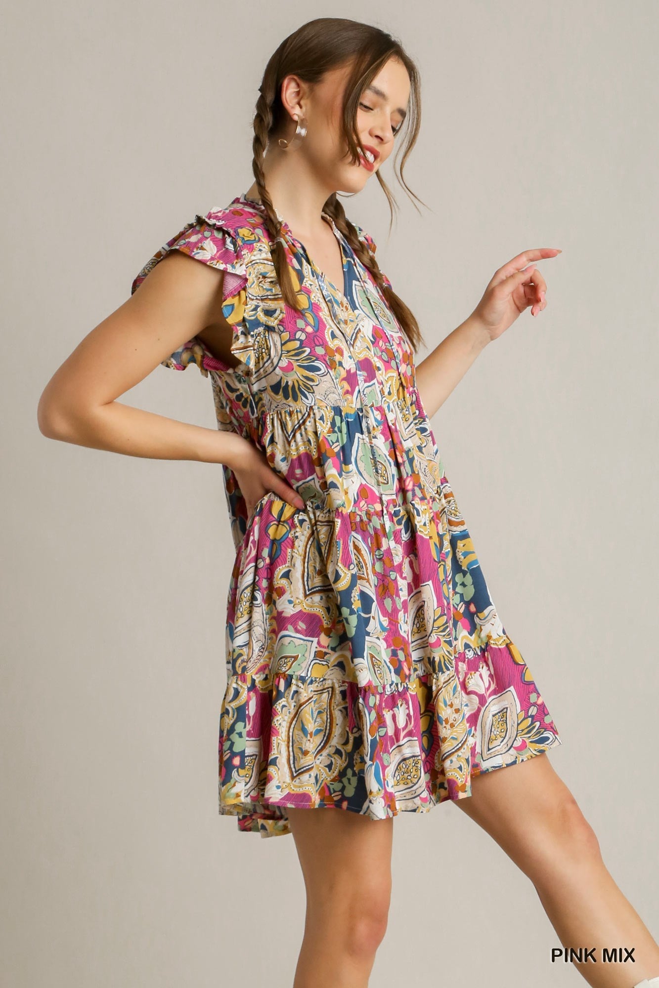 Sale Flutter Sleeve Mixed Print Tiered V-Neck Dress