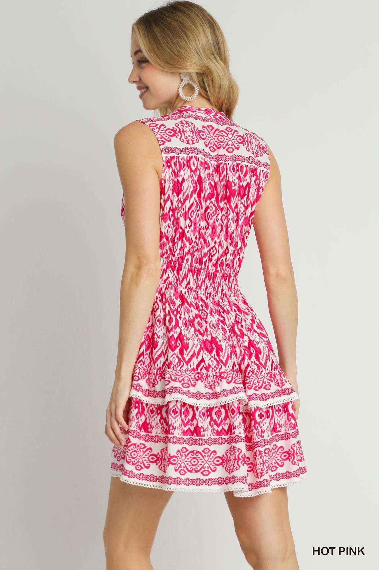 Sleeveless Abstract Hot Pink Print Double Layered Dress