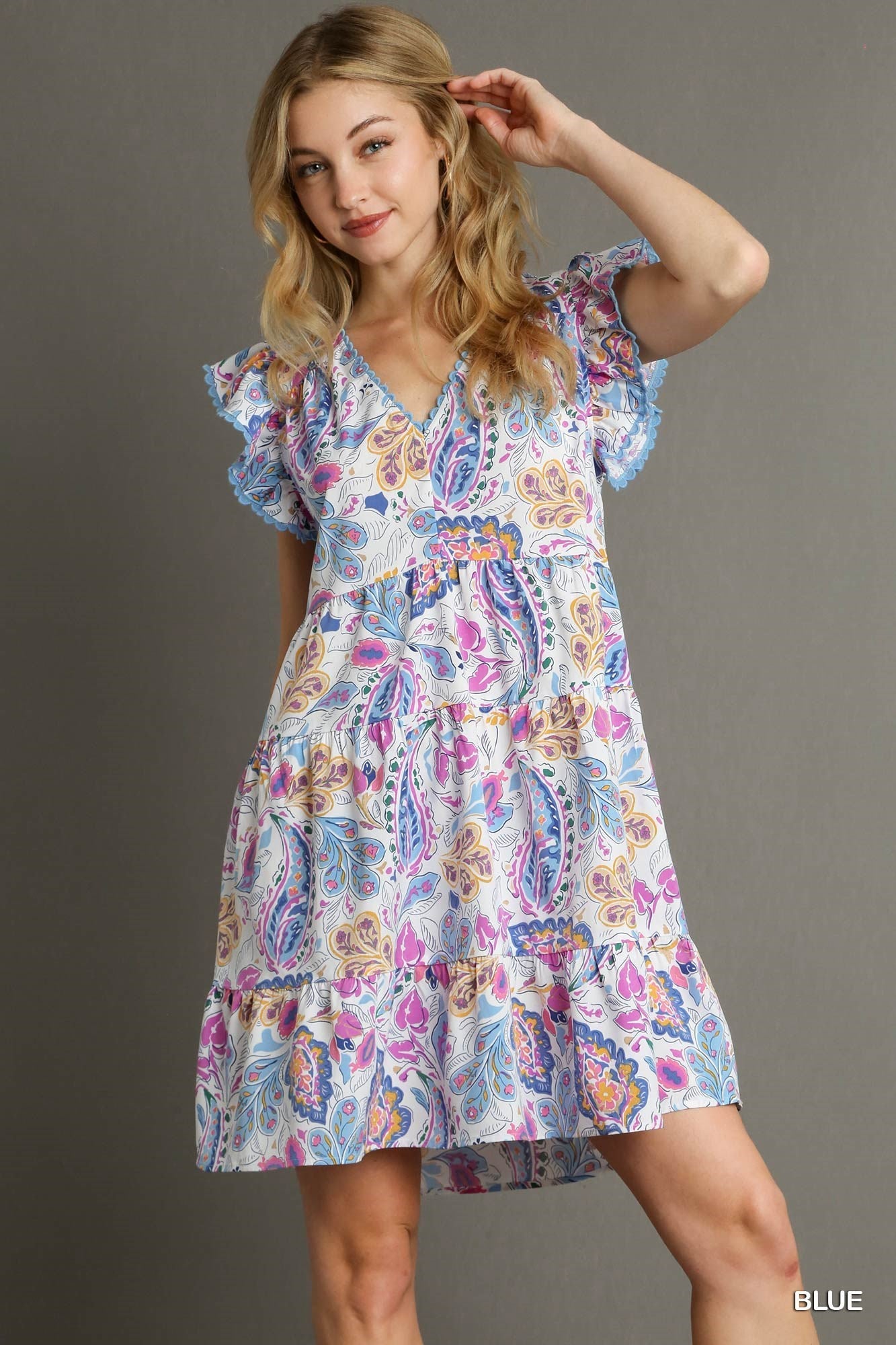 Sale Ruffle Paisley Print Dress w/Lace Scallop Trim