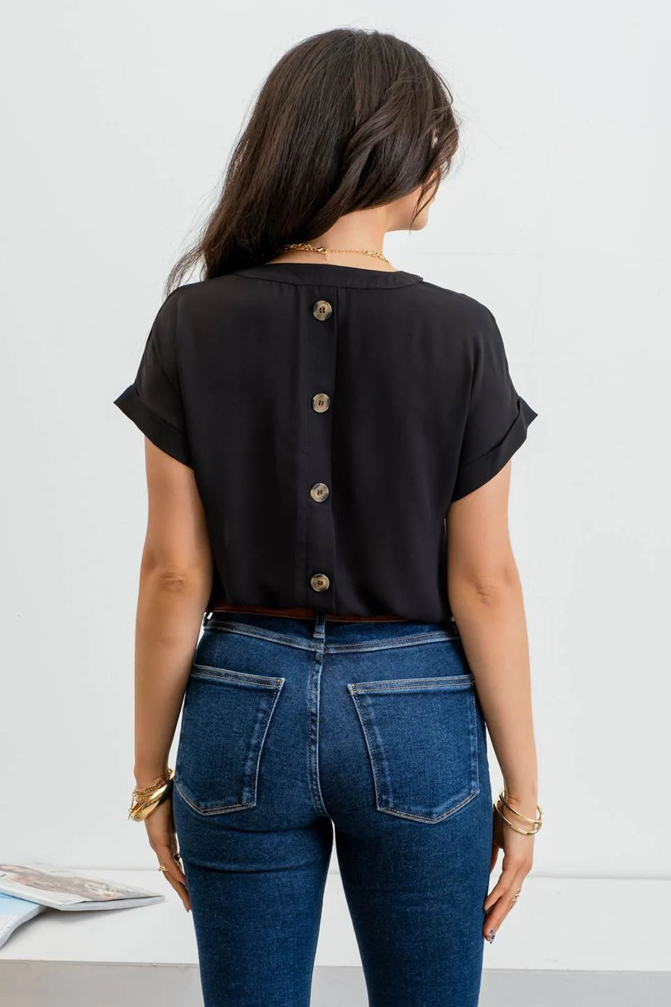 Sale Split Neck Front Pocket Back Button Short Sleeve Top Black