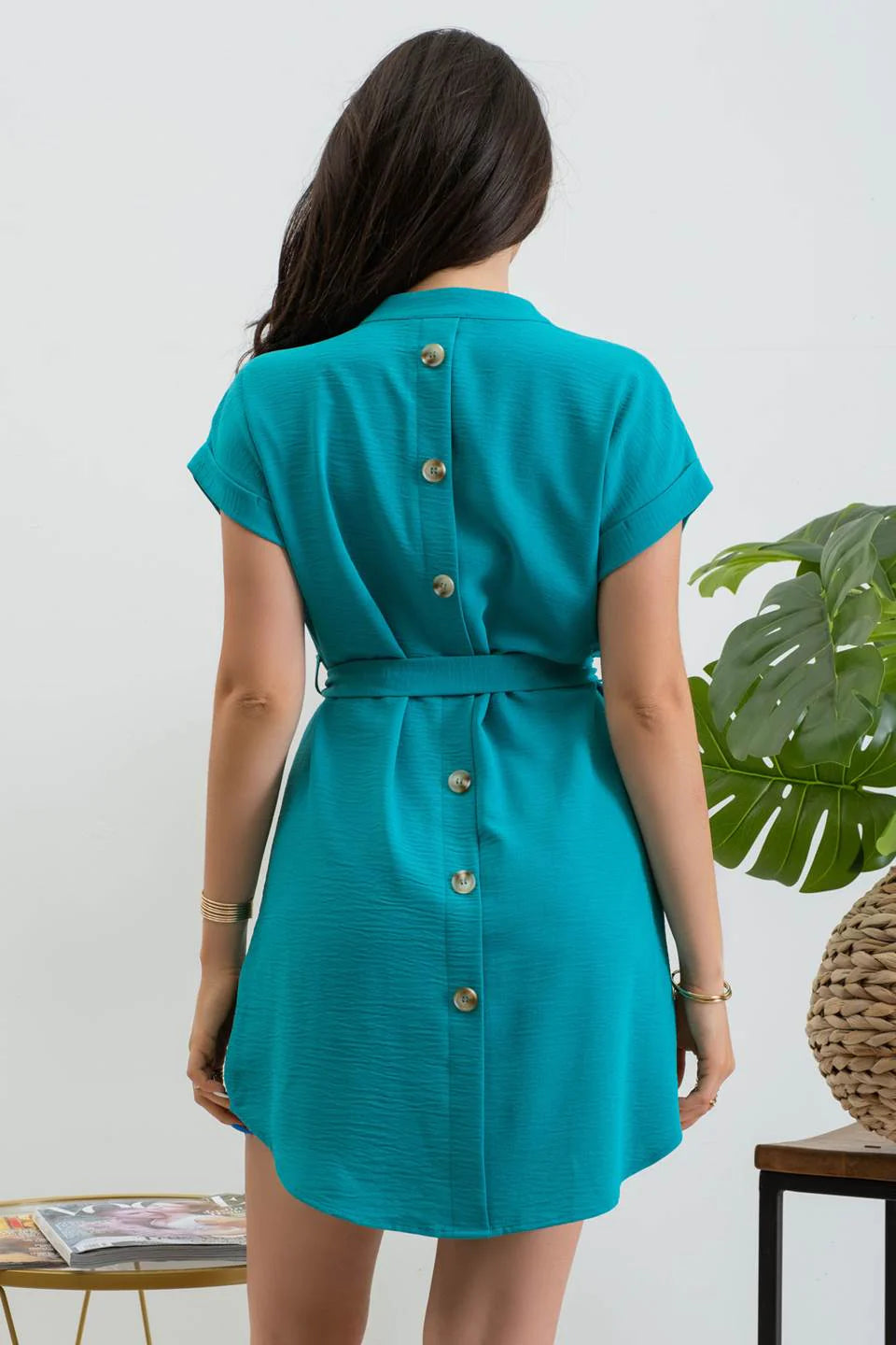 Short Sleeve Back Button Detail Belted Dress