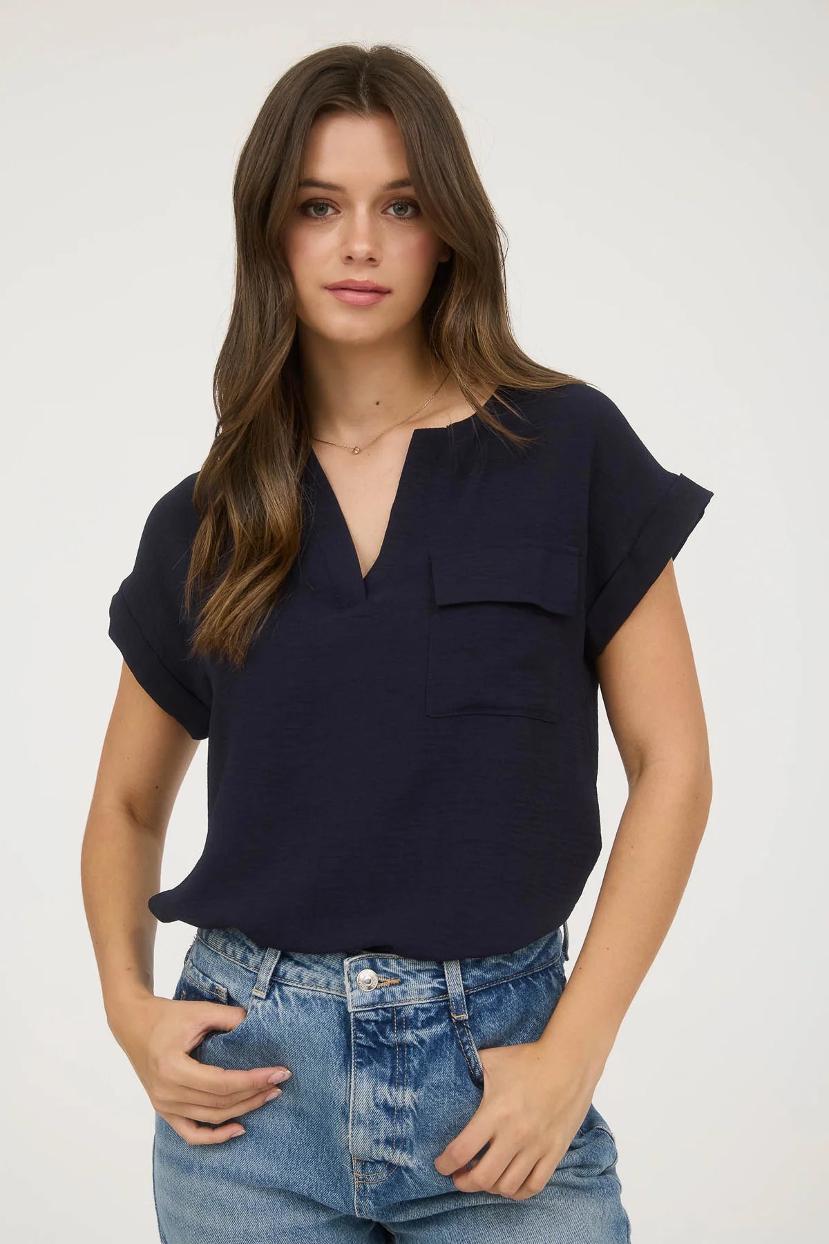 Split Neck Short Fold Sleeve w/Button Back