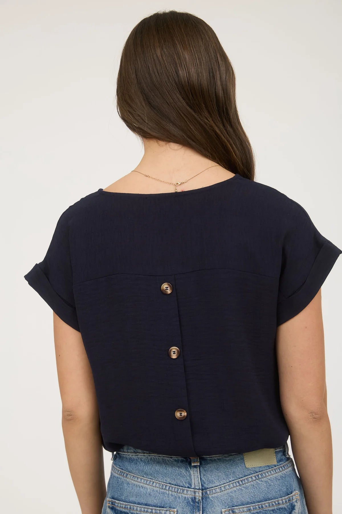 Split Neck Short Fold Sleeve w/Button Back