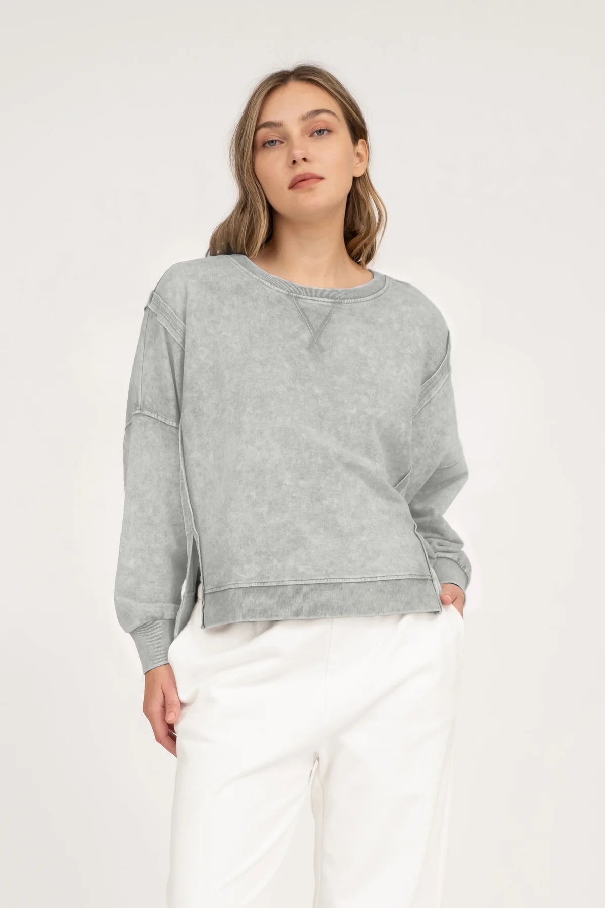 Washed Extended Shoulder Long Sleeve Top