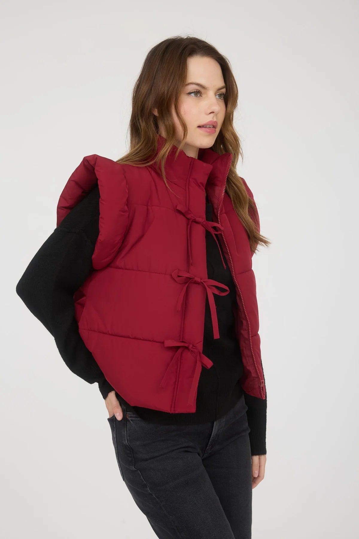 Flutter Sleeve Bow Detail Zip-Up Puffer Vest Burgundy