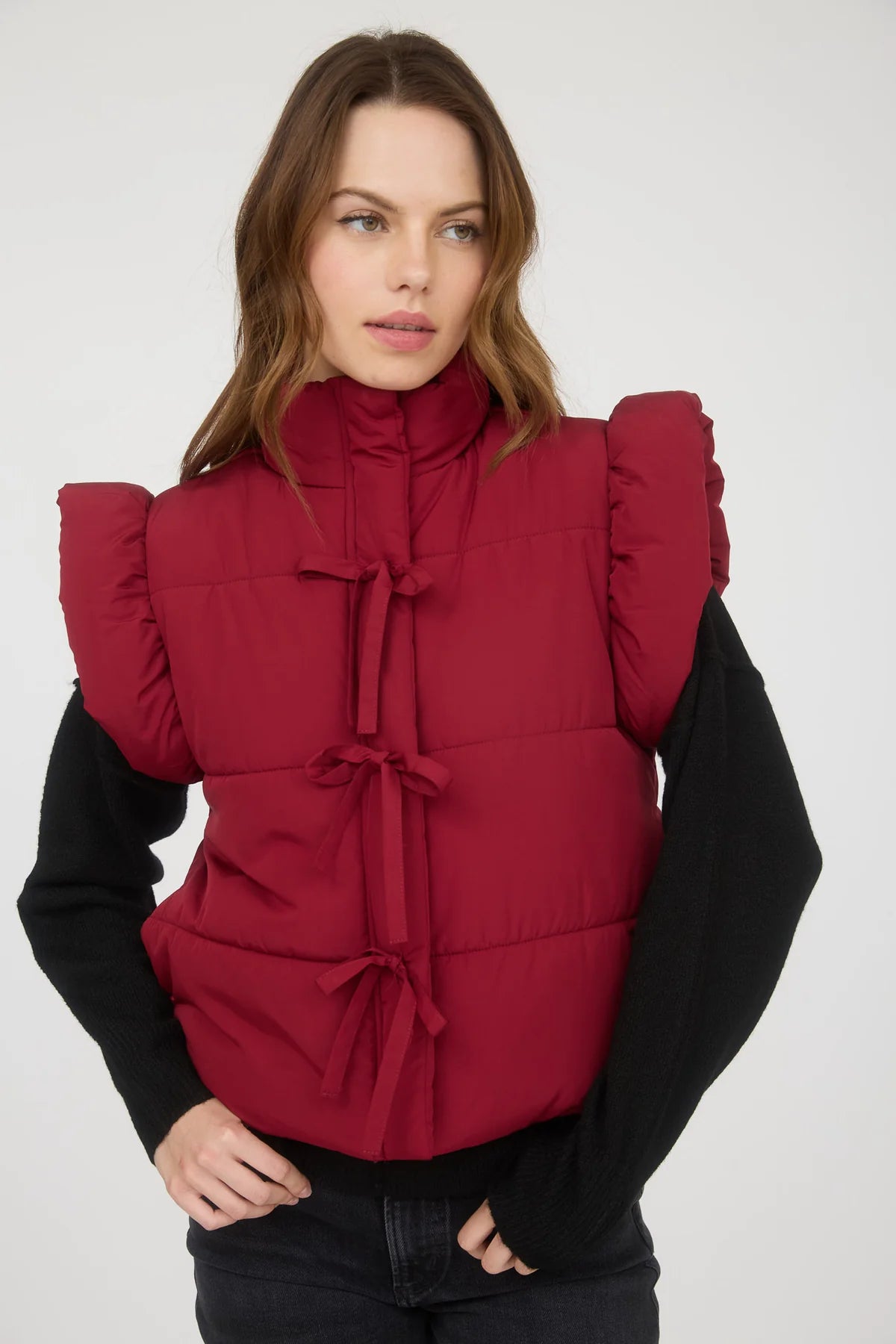 Flutter Sleeve Bow Detail Zip-Up Puffer Vest Burgundy