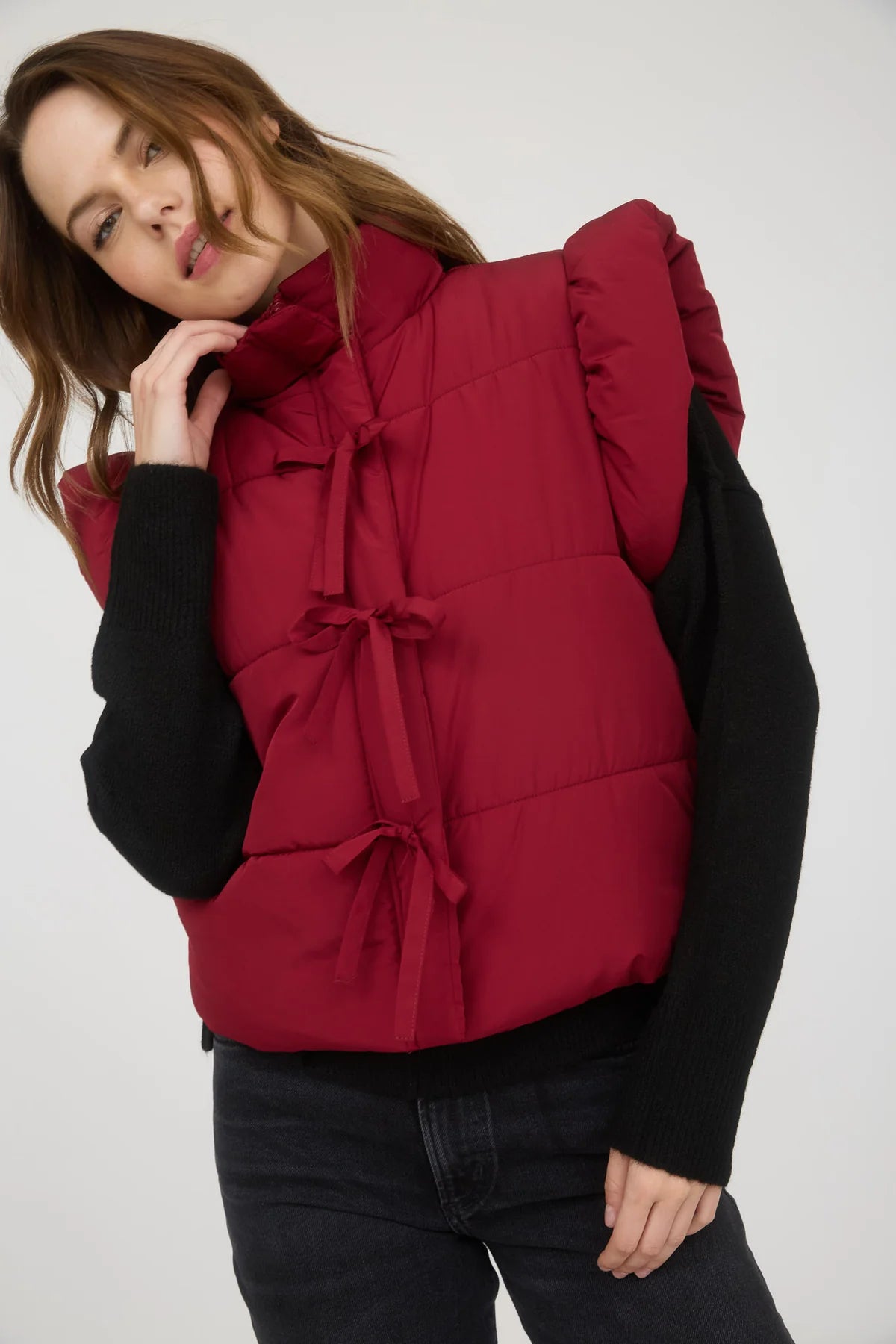 Flutter Sleeve Bow Detail Zip-Up Puffer Vest Burgundy