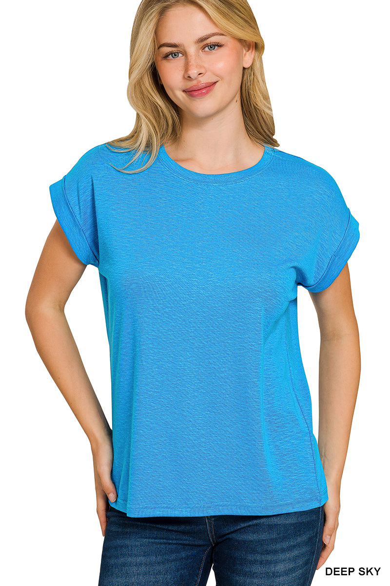 Cotton Modal Slub Rolled Short Sleeve Top Deep Sky