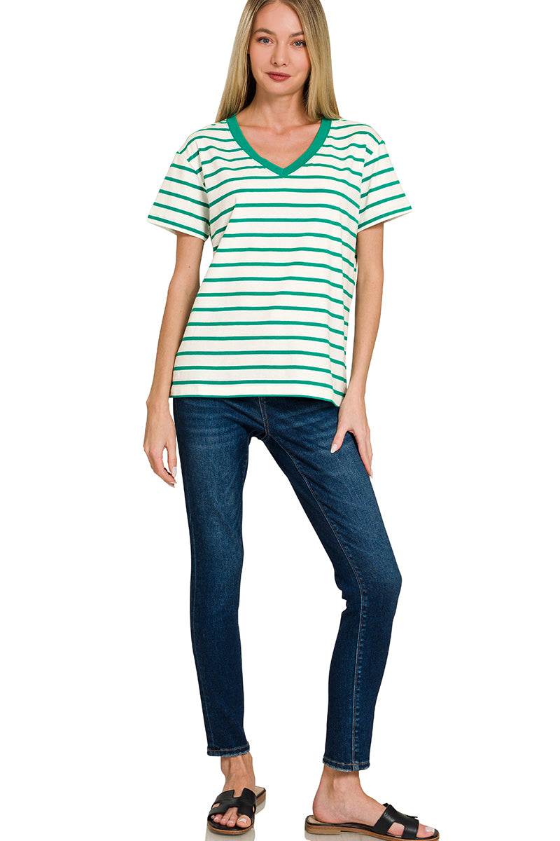Striped V-Neck T-Shirt Kelly Green
