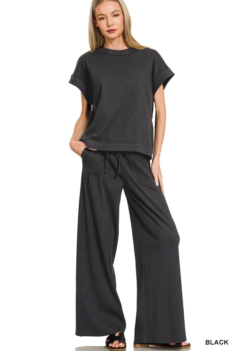 Ribbed Short Sleeve Tee & Pant Set Black