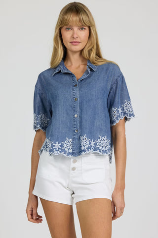 Ansel Short Sleeve Button Up Embroidered Top