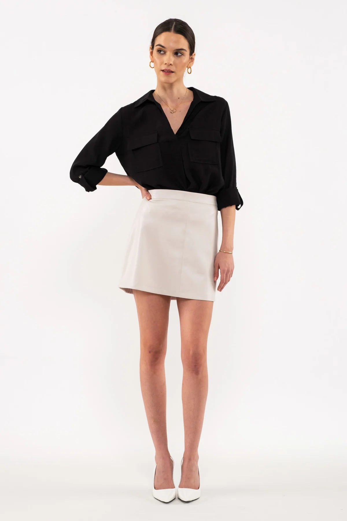 Sale Roll-Up Sleeve Woven Top Black
