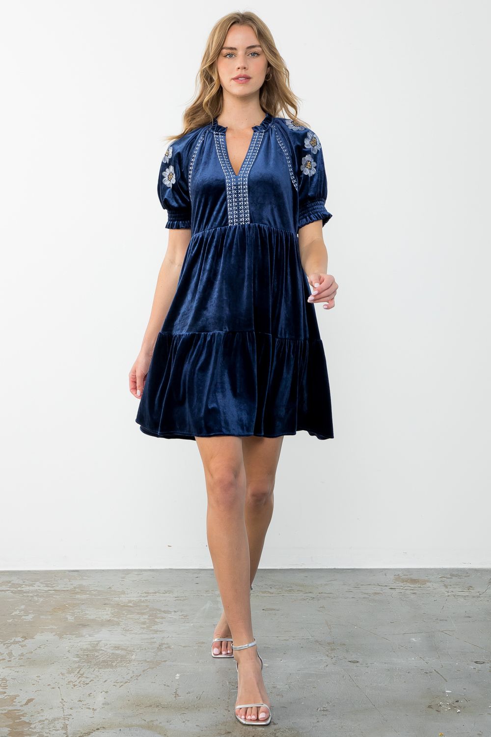 Sale Embroidered Detail Sleeve Velvet Dress