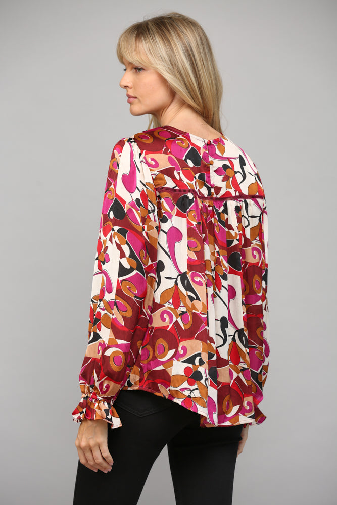 Sale Abstract Print Lace Insert Long Sleeve Top