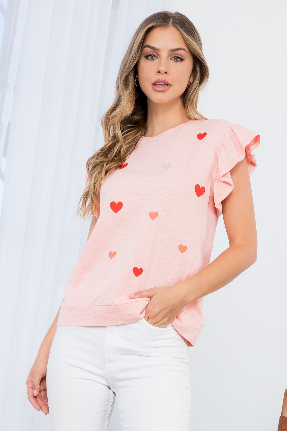 Sale Embroidered Hearts Short Sleeve Top