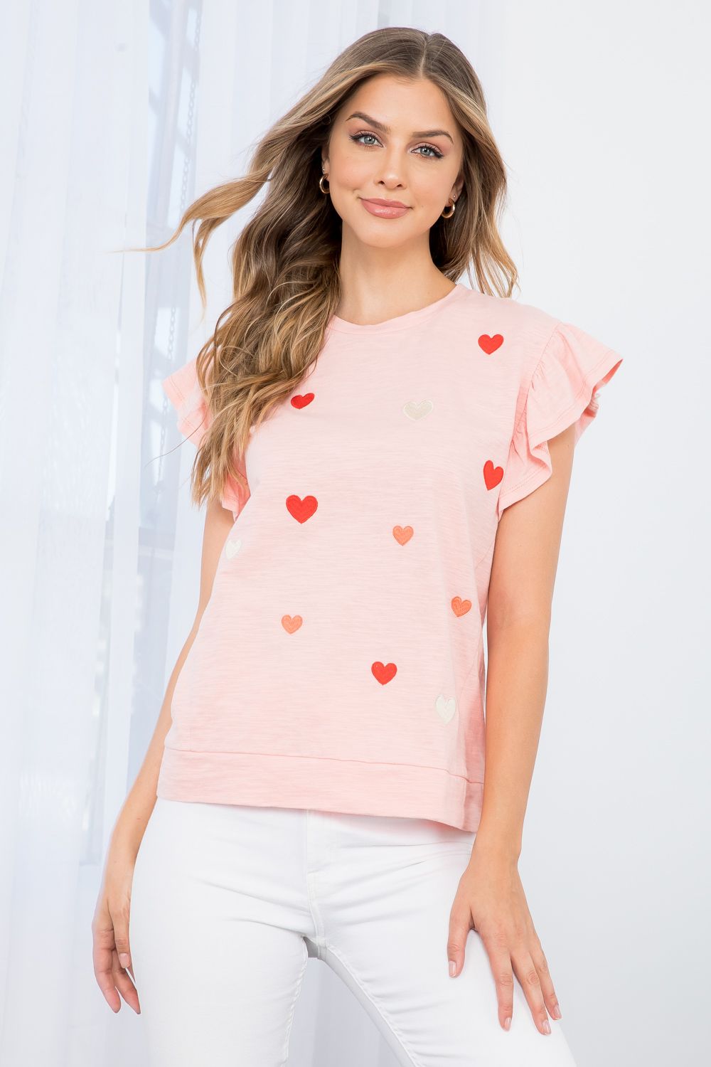 Sale Embroidered Hearts Short Sleeve Top