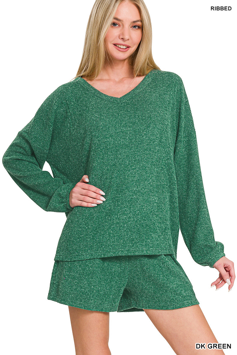 Brushed Ribbed Hacci V-Neck Long Sleeve Top and Shorts Set Dark Green