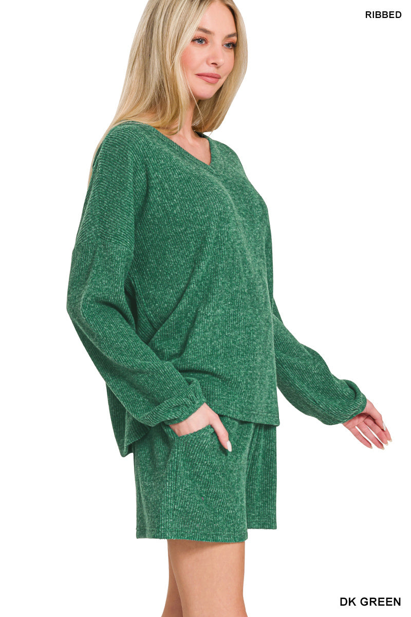 Brushed Ribbed Hacci V-Neck Long Sleeve Top and Shorts Set Dark Green