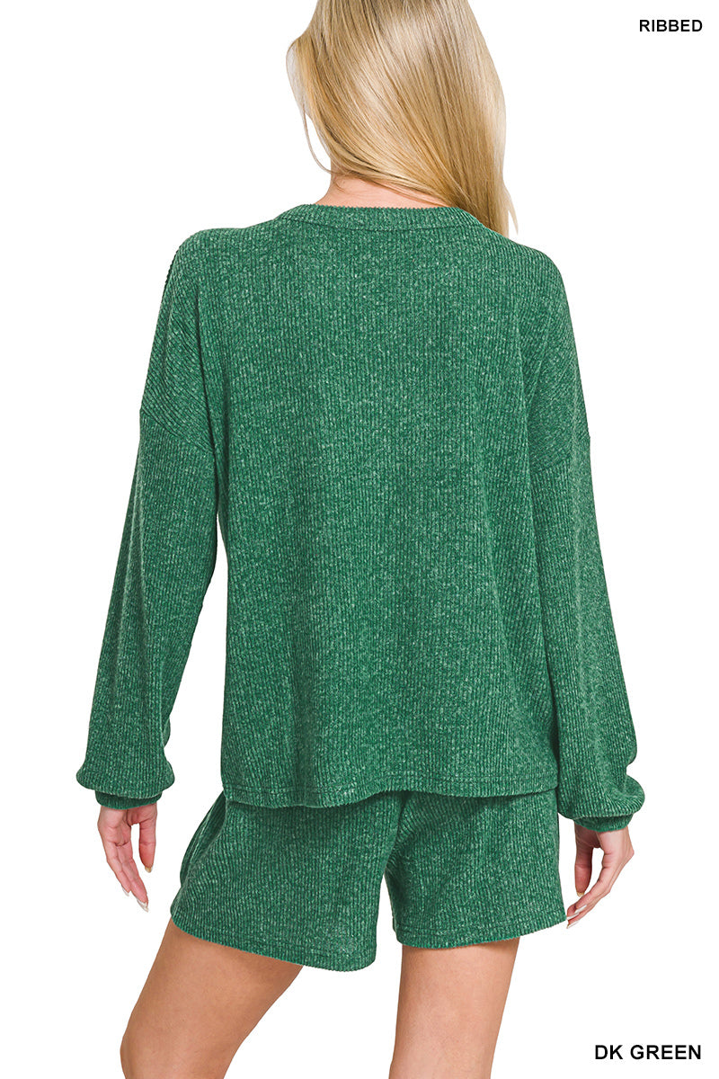 Brushed Ribbed Hacci V-Neck Long Sleeve Top and Shorts Set Dark Green