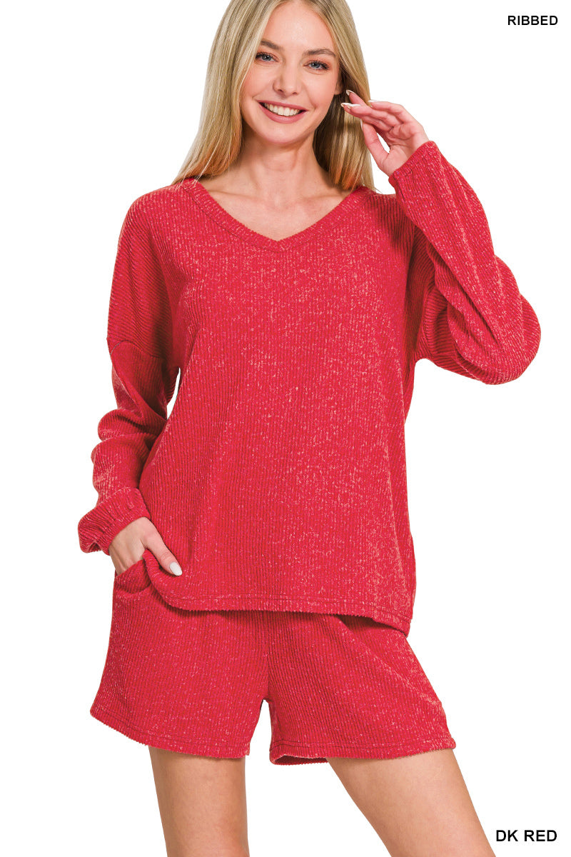 Brushed Ribbed Hacci V-Neck Long Sleeve Top and Shorts Set Dark Red